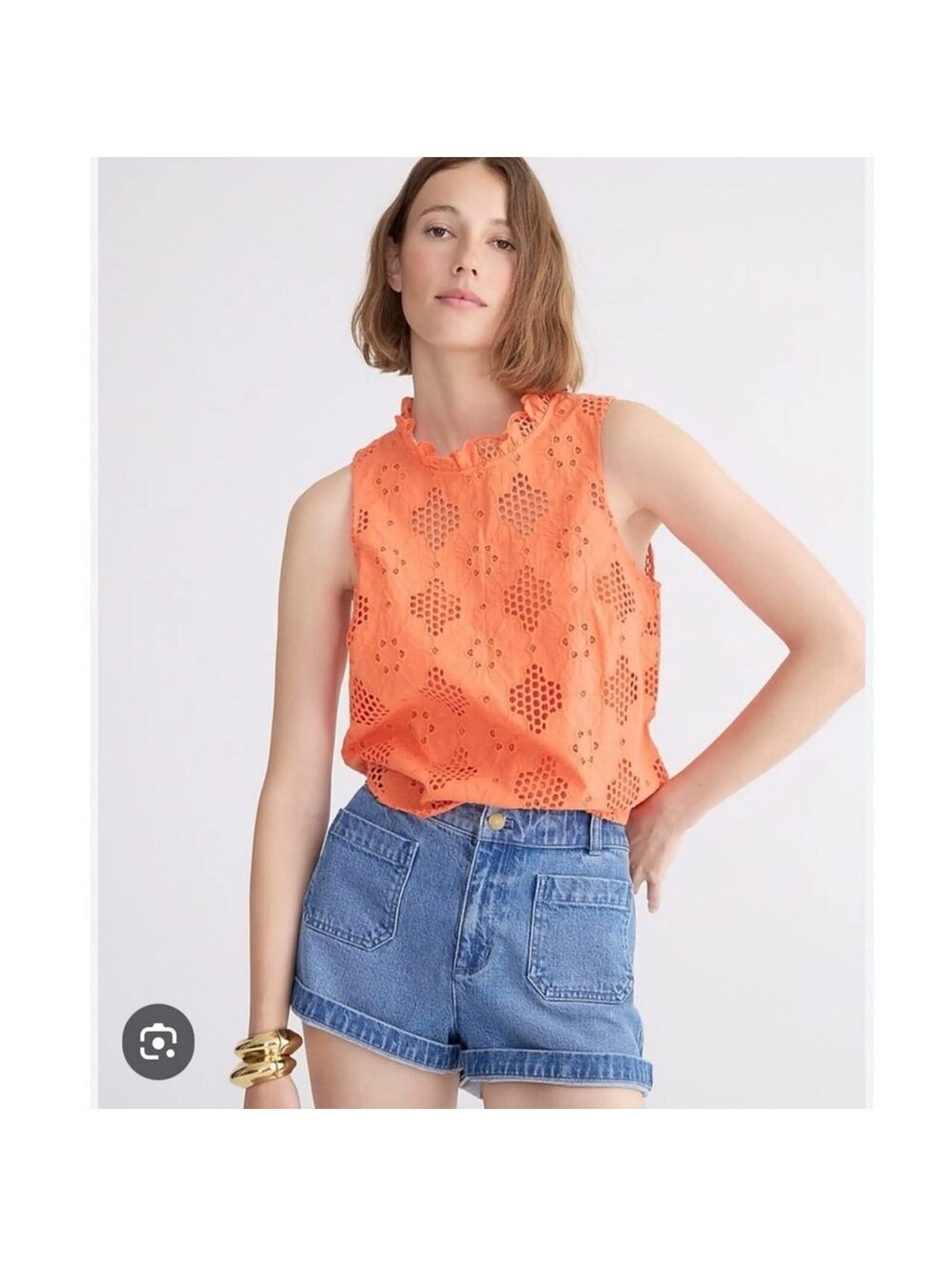 J.Crew Orange Sleeveless Fleur Eyelet Floral Embroidered Tank Ruffled Neckline